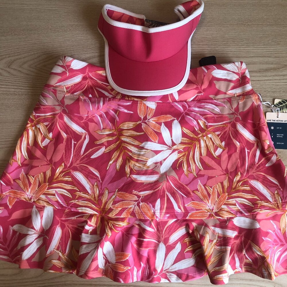 NWT Tommy Bahama stretchy pull-on UPF 50 golf skort + visor